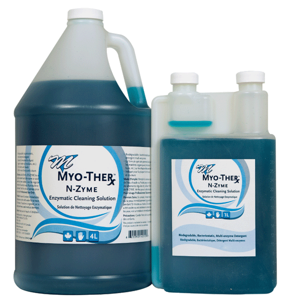 Myo-Ther N-Zyme is a concentrated formula.  It is a bacteriostatic enzyme cleaner that breaks down and dissolves carbohydrates proteins, fats and oils. Prolong the use of your sheets by using as a spot treatment on linens in conjunction with your regular laundry detergent. Environmentally friendly safe for the septic and sewer.  Only uses 30ml per load.