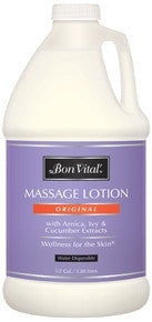 Bon Vital Original Lotion Bon Vital Original Massage Lotion is a non greasy lightweight formula specifally designed to provide extended lasting performance while maintaining needed drag. A smooth glide and satiny light texture make this the perfect product choice for all massage modalities. Enriched with Olive Oil and Herbal Botanical Extracts of Arnica, Ivy and Cucumber for  exceptional skin care benefits.  Hypoallergenic No Nut Oil Unscented Paraben Free.