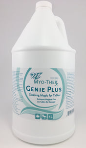 Myo-Ther Genie Plus cleans away dirt and oil from tables, and disinfects in between treatments.  It also protects the table cover by nourishing the vinyl to prevent cracking and drying.  It is suitable for the health-care industry.   Disinfects Protects Table