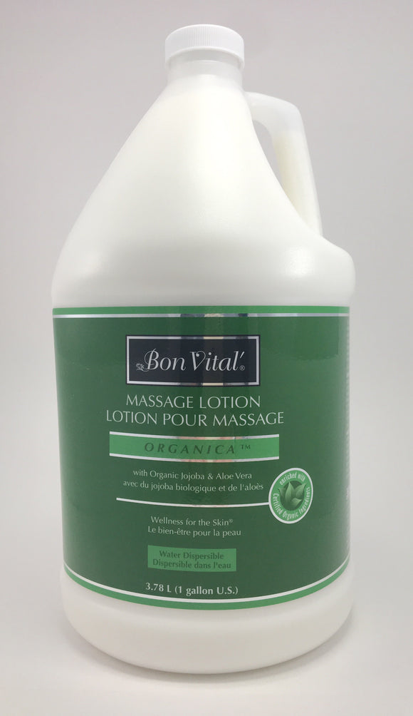 Bon Vital Organica Lotion The Bon Vital  Organica contains certified organic Jojoba, olive oil, shea butter, aloe vera and is infused with arnica and chamomile.  It is light weight, has superior glide and optimum absorption. it is earth friendly and has no greasy feel.  No Nut Oils Unscented Paraben Free