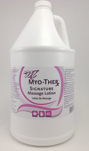 Myo-Ther Signature lotion has a creamy texture.  It has long lasting glide, it does not leave an odour and wipes of the skin very easy.  It is hypo-allergenic,  and water soluable so it won't stain your sheets.  It is also Canadian made!