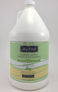 Bon Vital Therapeutic Touch Lotion Bon Vital Therapeutic Touch is all about the Olive! This lotion is enriched with Olive oil and Arnica extract, and a blend of Jojoba, Sesame and Grapeseed oils, placing it as the best choice for healthy skin therapy on the market! Olive oil is known for its excellent moisturizing properties and nourishment to the skin, and is often thought of as liquid gold due to its exceptional health benefits  Scent free Nut free Paraben free Unscented