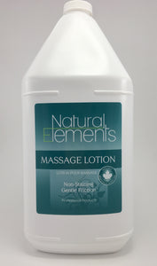 Natural Elements Lotion moisturizes the skin and does not leave an oily residue.  It is water soluble and absorbs into the skin.  It is ideal for deep tissue massage and offers gentle friction.  It is non-staining and cleans up nicely.  It is Canadian made.
