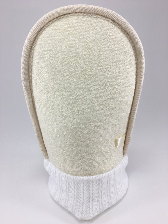 Our loofah mitt is made from natural materials.  There are two sides, a softer side made of terry and the other is rough for exfoliating,  but still gentle enough for sensitive skin.  It takes away dead skin cells leaving the skin smooth and soft.
