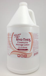 Myo-ther Complete Lotion 4L Myo-Ther Complete is smooth, silky and is easy to apply.  Its long lasting ability eliminates reapplication and can save time and expense.  It is a water based formula and washes out of linens easily preventing oder and stains.  Paraben Fragrance free Hypo-allergenic