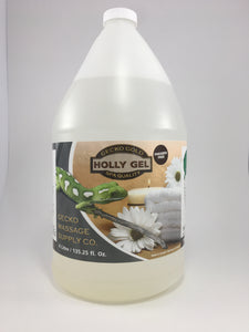 Gecko holly gel is just as good as the holly oil but better.  The gel stays in your hands and once warmed it spreads effortlessly on the clients skin.  It is Canadian made, hypoallergenic, non-staining, no scent or scent neutralizers.  Paraben-free, pure oil product, clean and light. Perfect for essential oils 