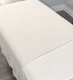 The cotton thermal blanket is preferred on the treatment table.  It's light weight makes it easy for draping but still keeps the client cozy and warm.  The open weave keeps the blanket breathable.  It has also been called the hospital blanket.   72x90